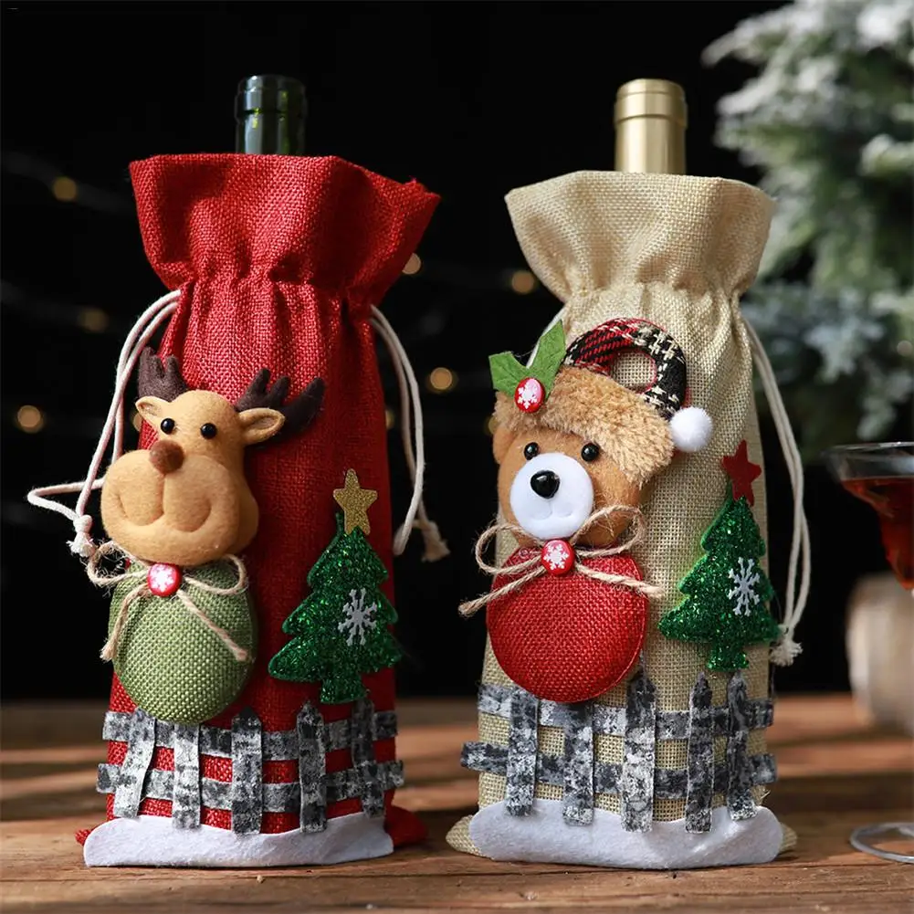 

"10pc Christmas Red Wine Bottle Covers Bag Christmas Decorations for Home Champagne Linen Holiday Santa Claus Model Number"