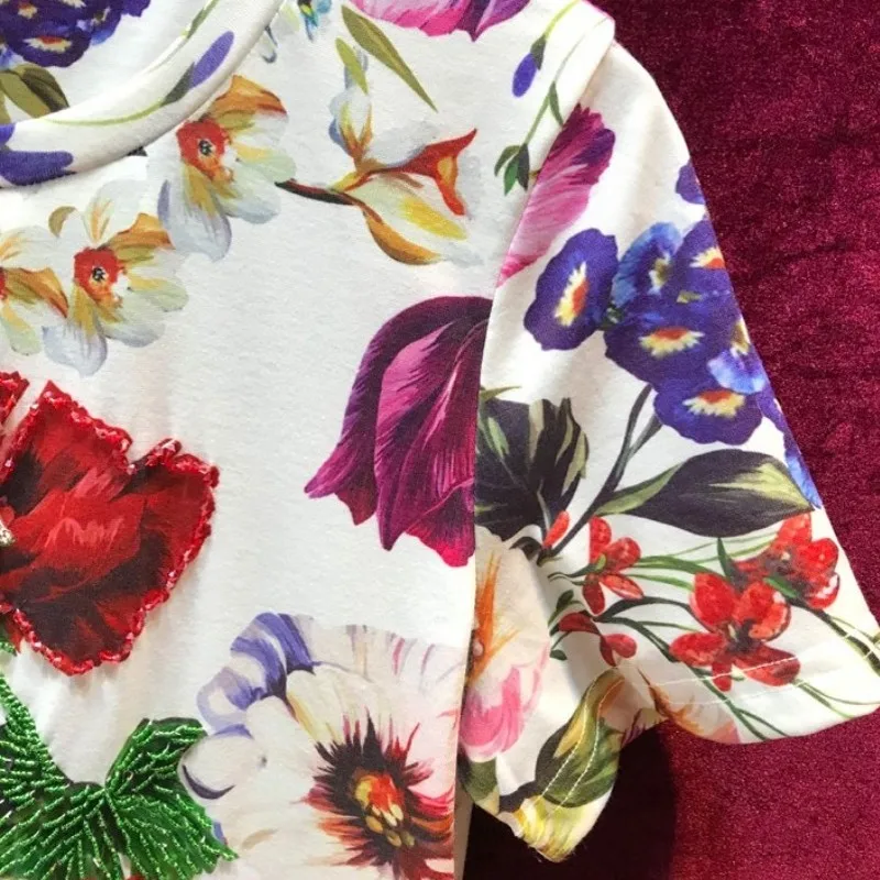 High Street Summer Vintage Printed Flowers T-Shirts Women Loose Fit O-Neck Short Sleeve Pullover Tops Female Beading Luxury Tees