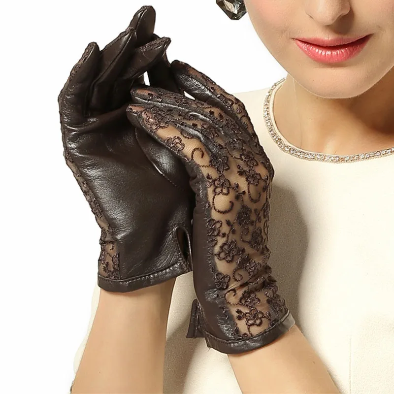 Lace Sheepskin Gloves Female Fashion Elegant Sunscreen Lace Gloves Genuine Leather Driving Unlined L023N2-1