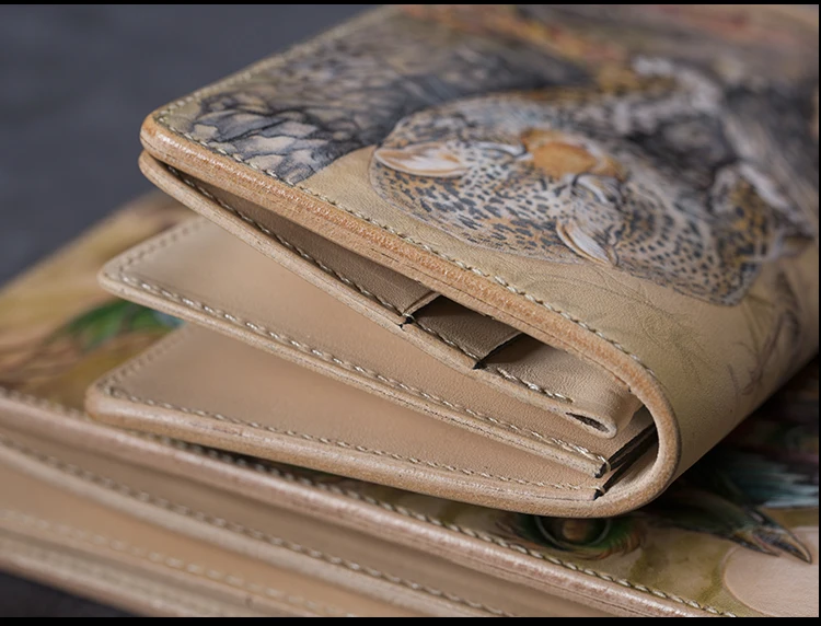 High-end Handmade Wallets Carving Leopard Purses Men Long Clutch Vegetable Tanned Leather Wallet Card Holder