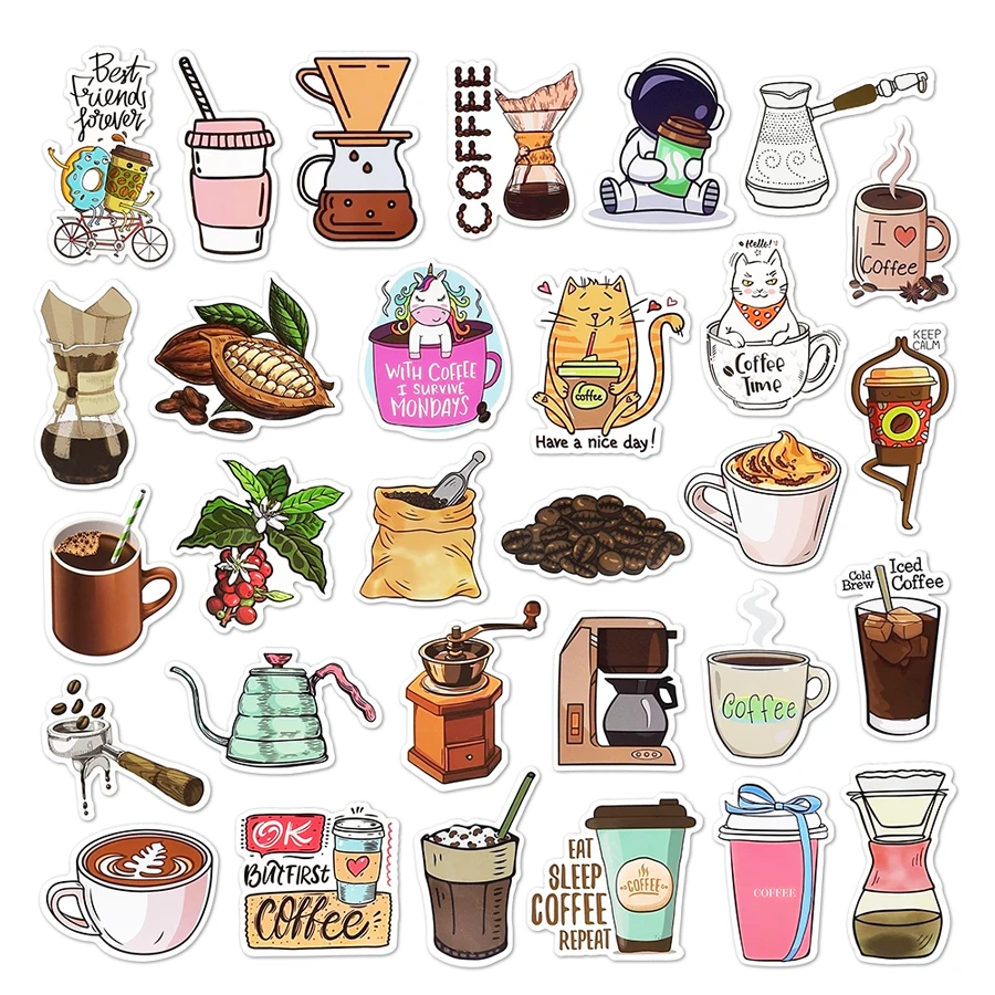 50 pcs Vintage Coffee Stickers for Laptop Guitar Phone Bike Car Luggage Fridge Waterproof Cute Drinks Cartoon Sticker Pack