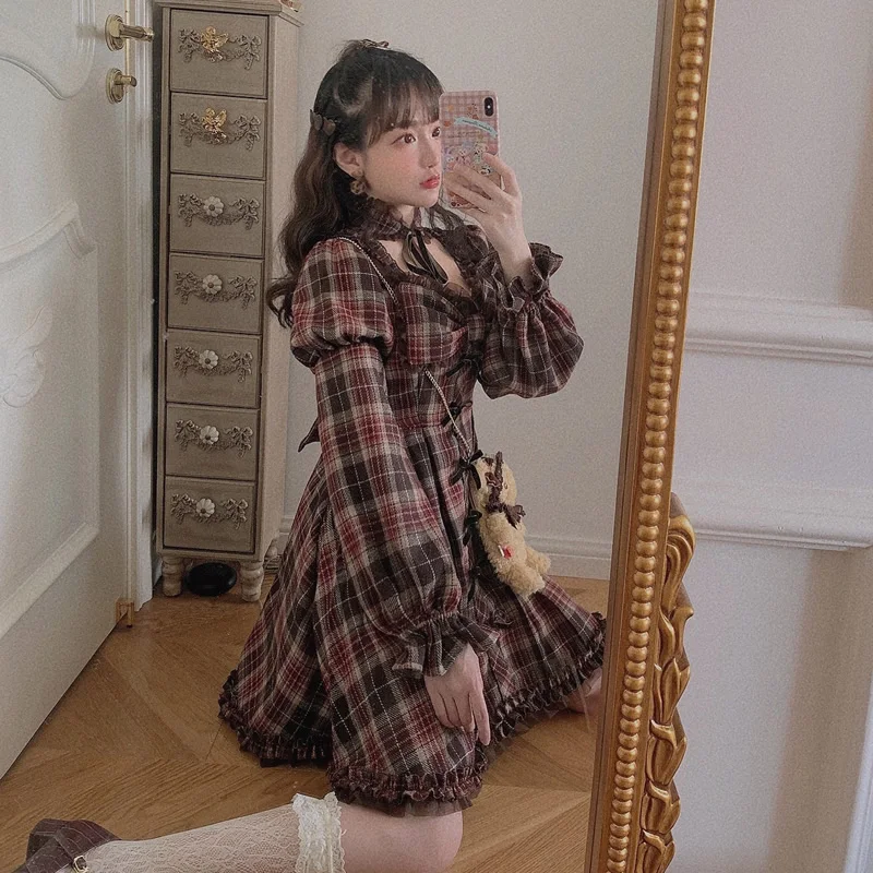 Princess sweet lolita dress Bobon21 Japanese sweet soft sister vintage dress Christmas Red Plaid Bow Dress fashion women D1828