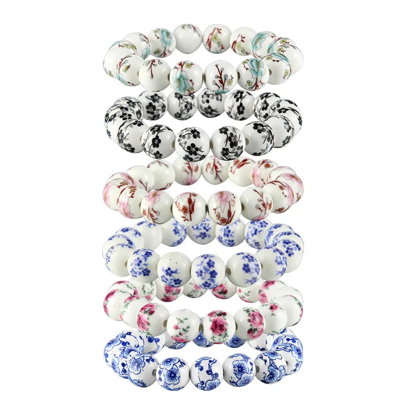 Elegant Chinese Style Ceramic Beads Bracelet Color Blue and White Porcelain Floral Pattern Bracelets for Charms Women Jewelry