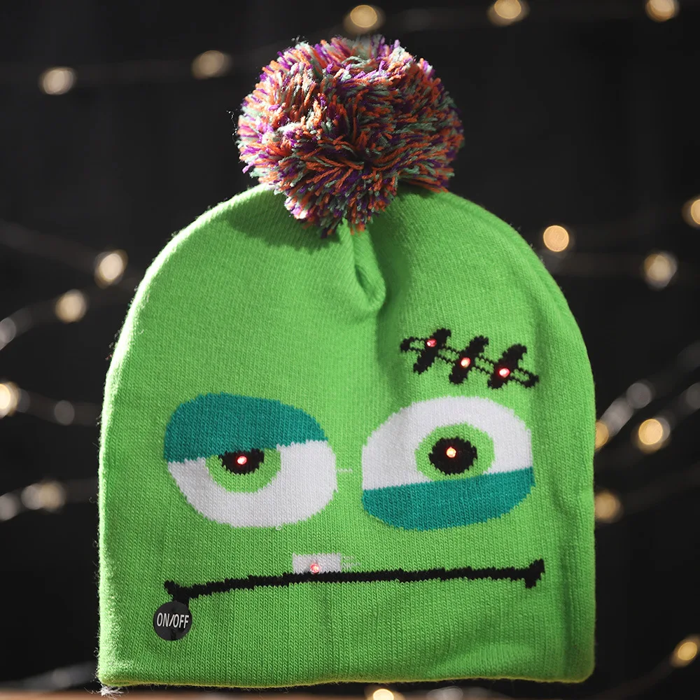 Nuevo gorro de punto emisor de luz para Halloween, Calavera, fantasma, gorro de lámpara, gorro para adultos y niños, suministros para fiestas