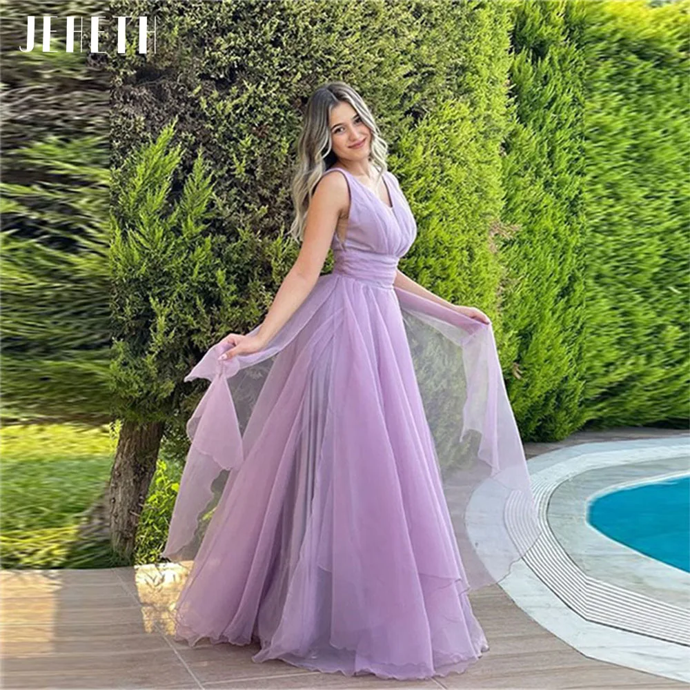 

JEHETH Light Purple V-Neck Tiered Chiffon Boho Prom Dresses Backless Fairy Sleeveless Party Gowns robes de soirée Floor Length