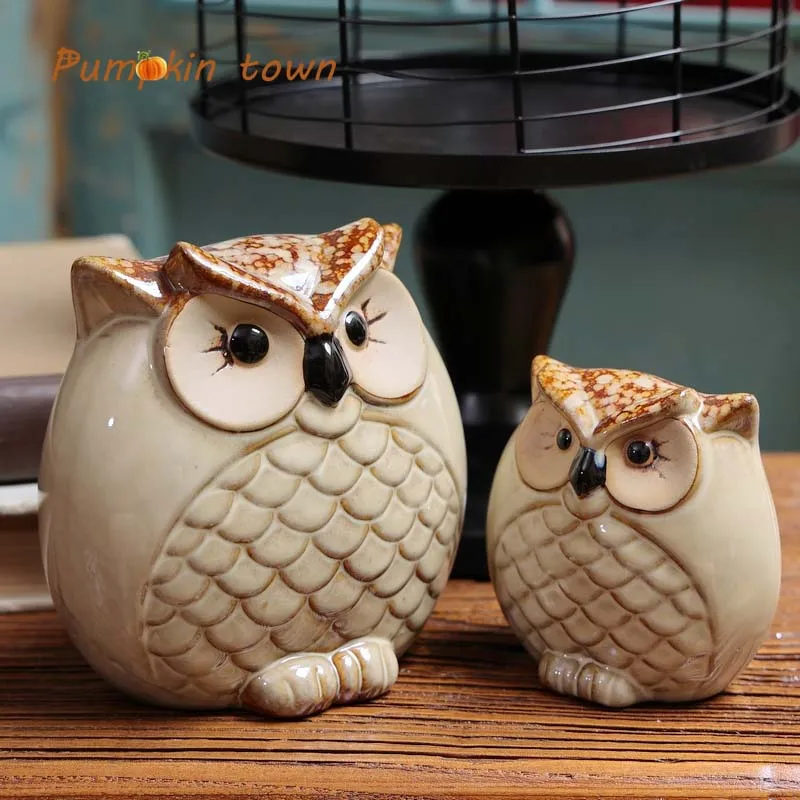 Scale Feather Pattern Big Eye Ceramic Owl Set Of Two Small Ornaments Creative Lovely Indoor Living Room Children's Room