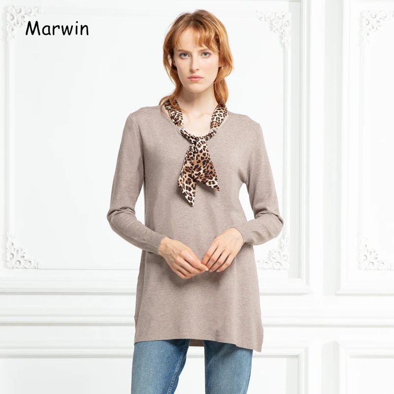 

Marwin 2019 Winter Leopard Long High Street Style V-Neck Bow Lace Up Women Pullovers Worm Soft European Female Sweaters