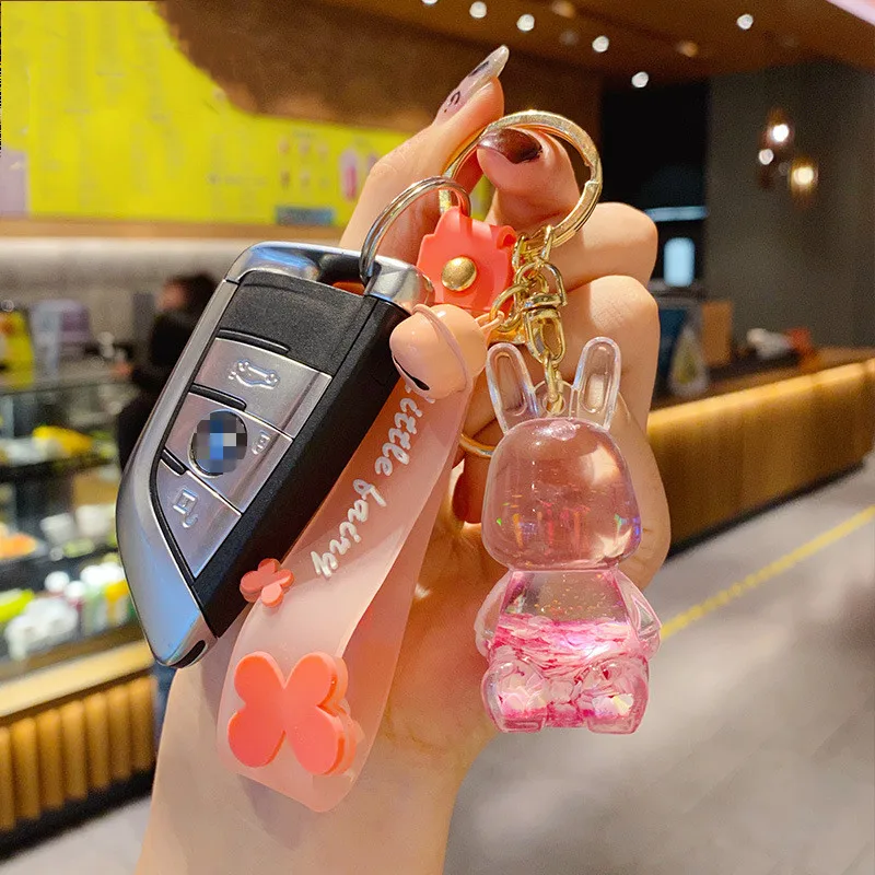 1PC Korean Colorful transparent Liquid into the oil pink bunny Keychain Rabbit Doll Pendant Car Bag Phone Key Chain Girl Gift