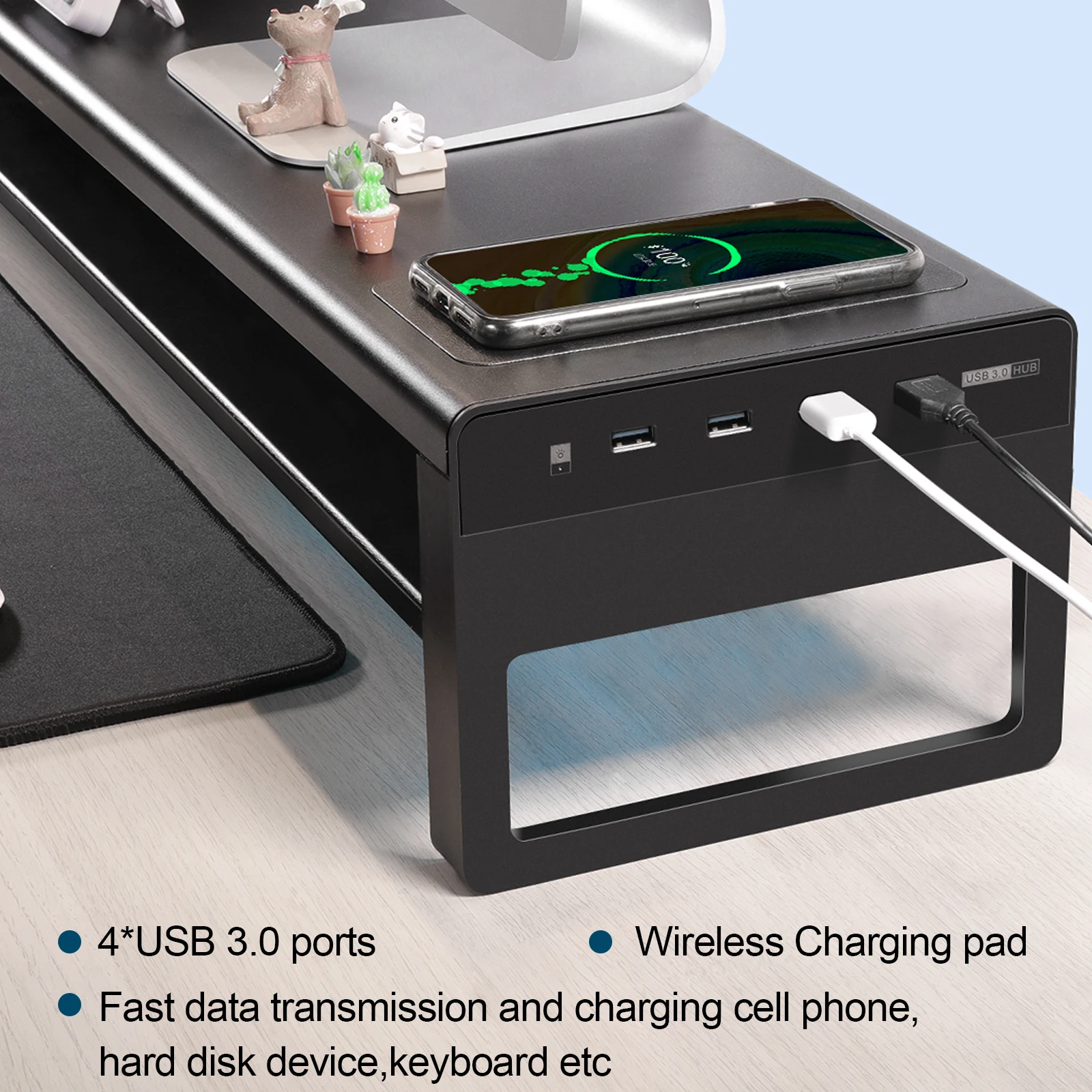Supporto per Monitor doppio a 2 livelli Riser per Monitor in alluminio con ricarica Wireless e 4 porte Hub USB 3.0 per PC Computer TV salvaspazio