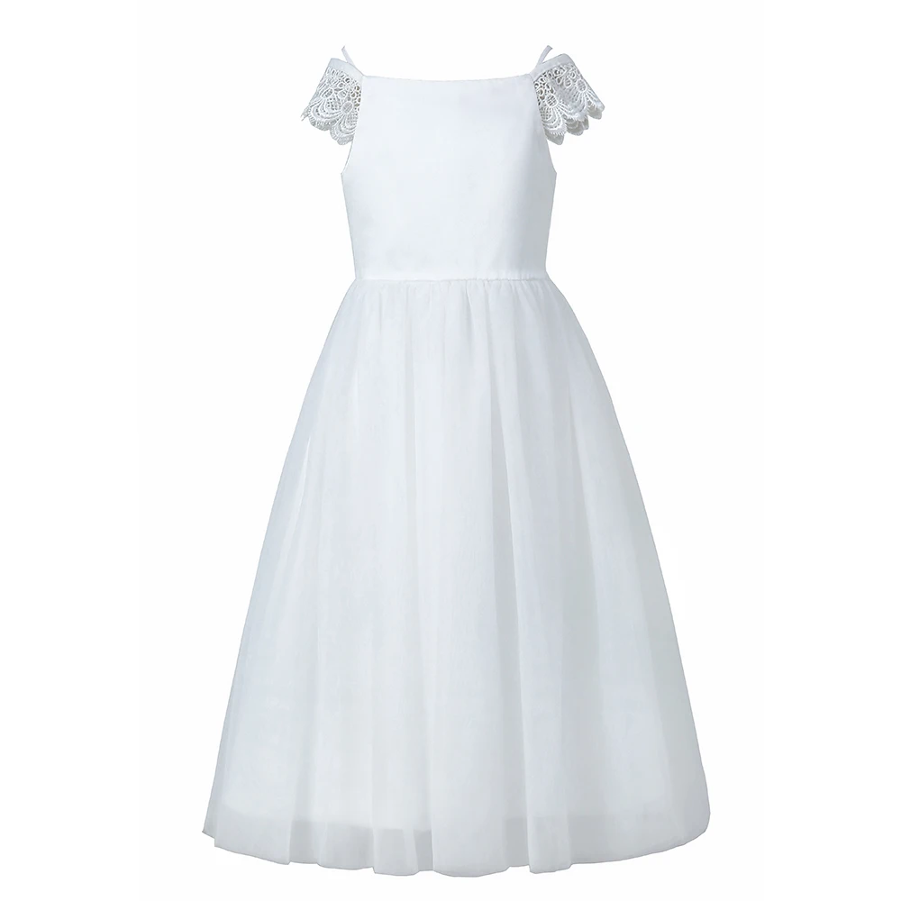 Vestido longo de renda para meninas, vestido branco de princesa elegante e simples de comunhão para casamento