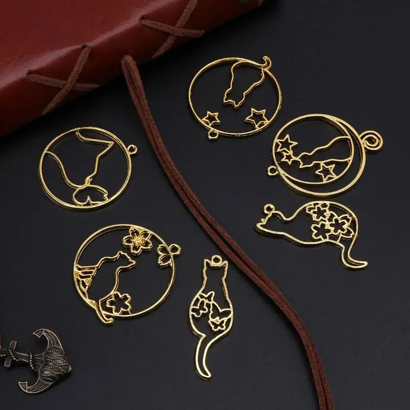 6 Pcs/Set Metal Frame DIY Jewelry Necklace Pendant Gold Kitten Hollow Frames UV Epoxy Resin Tools