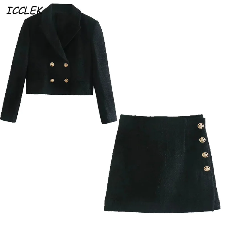 Icclek Womem's Blazers Office Suits Jackets Cropped Coats Femme Two Pieces Elegant Long Sleeves Crop Tops Black Mujer Sets Chic