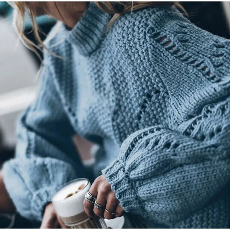 

Women's Hollow Out Loose Knitted Sweater, Lantern Sleeve, O-Neck, Monochromatic Pullover, Warm Ladies Pullovers, Autumn