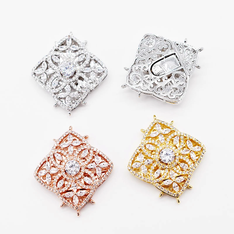 2pcs 31x31mm Cubic Zircon CZ Micro Pave Square Flower Clasp Pendant necklace Bracelet Jewelry Making DIY