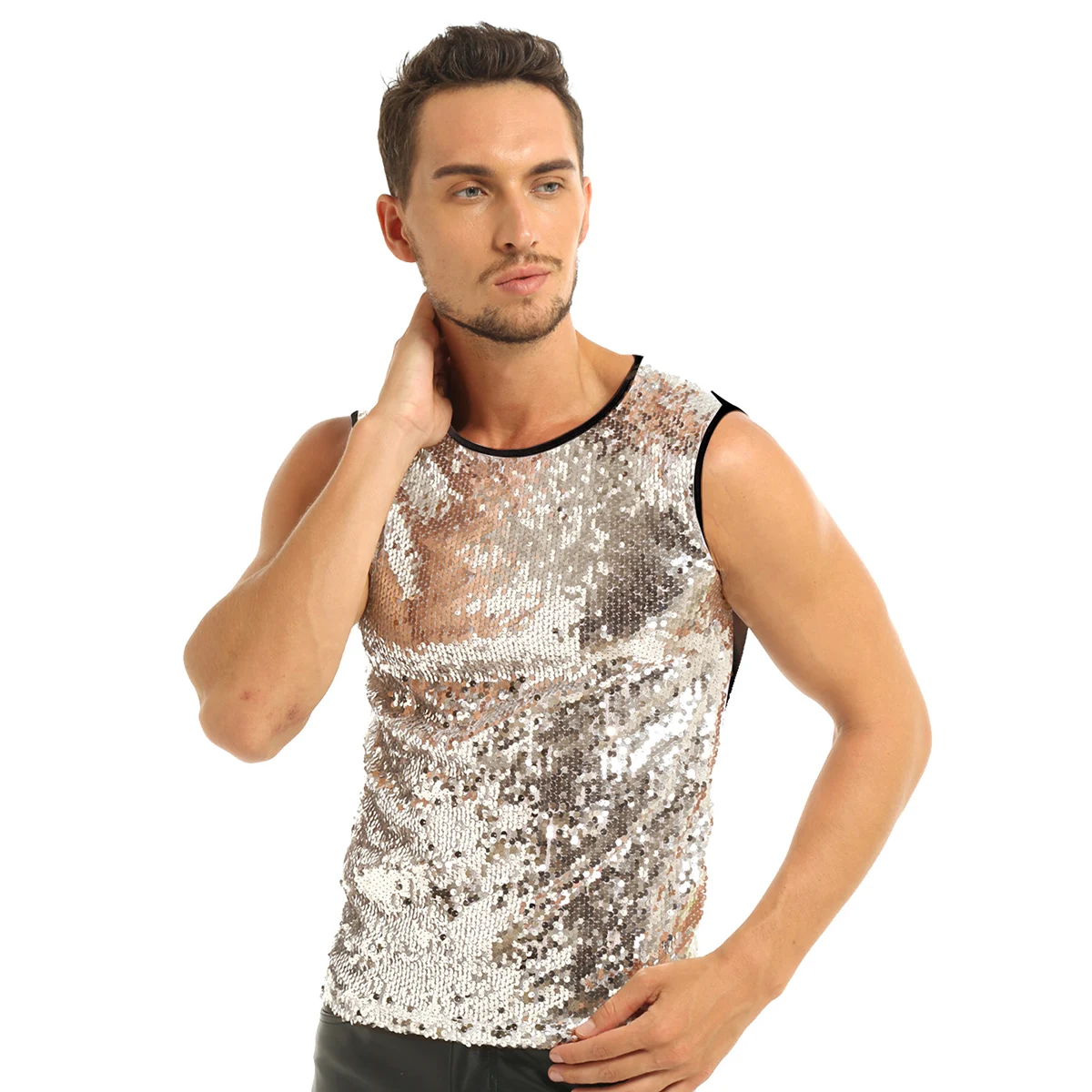 Mens Summer Vest Top Sleeveless Crew Neck Sequin Slim Fitted Vest Tank Top Tee T-shirts Clubwear Dance Performance Tops Costumes