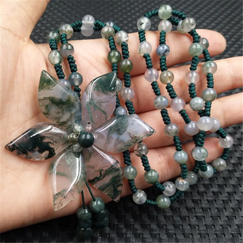 

Natural Indian water grass agate beads flower pendant sweater chain Long Necklace