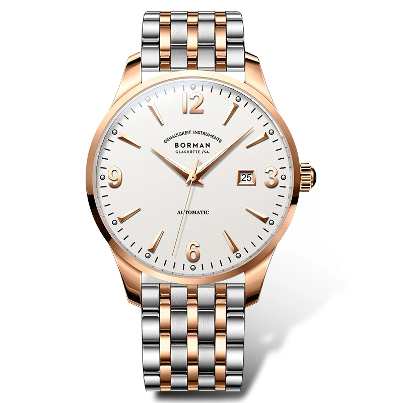 بورمان 316L الفولاذ المقاوم للصدأ الرجال التلقائي ساعات آلية مضيئة الأيدي الياقوت الزجاج مقاوم للماء 50 متر ساعة مع تاريخ ساعة
