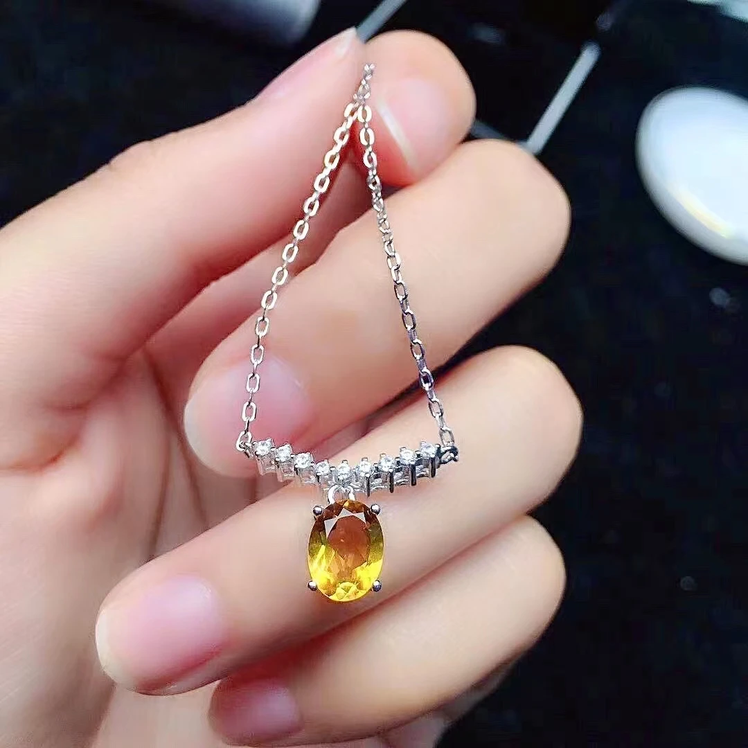 

Fashion Silver Crystal Necklace for Girl 6mm*8mm Natural Citrine Silver Necklace for Daily Wear 925 Silver Citrine Necklace