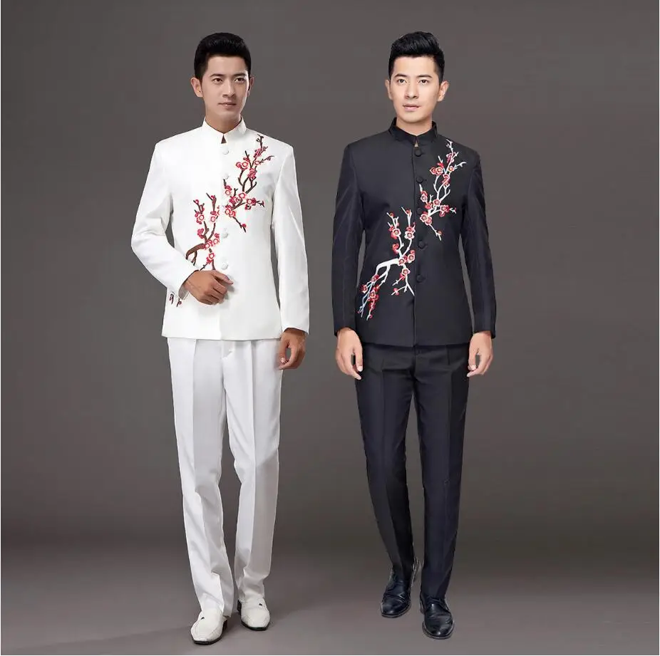 White black Suits plum blossom Zhongshan Suits Jacket + Pants performance costume male host singer Clothing chorus stage Costume