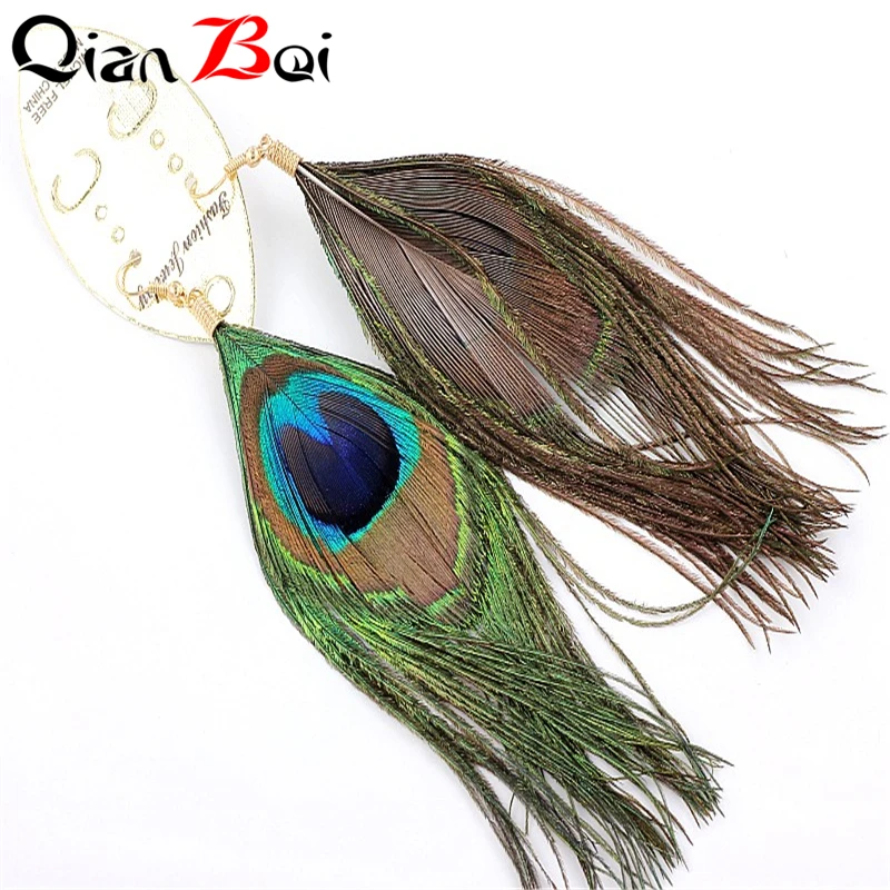 QianBei Resell Ethnic Earrings Long For Women Green Peacock Feather Drop Color Gold Hook Earring