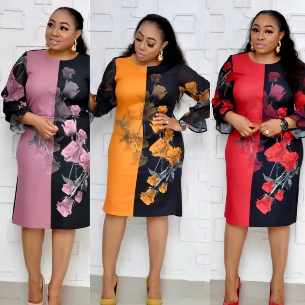 

2019 autumn elegent fashion style african women printing plus size knee-length dress L-3XL