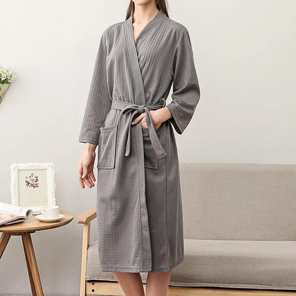 Women Bathrobe Solid Color V Neck Cardigan Long Sleeve Lady Pajamas Robes for Home