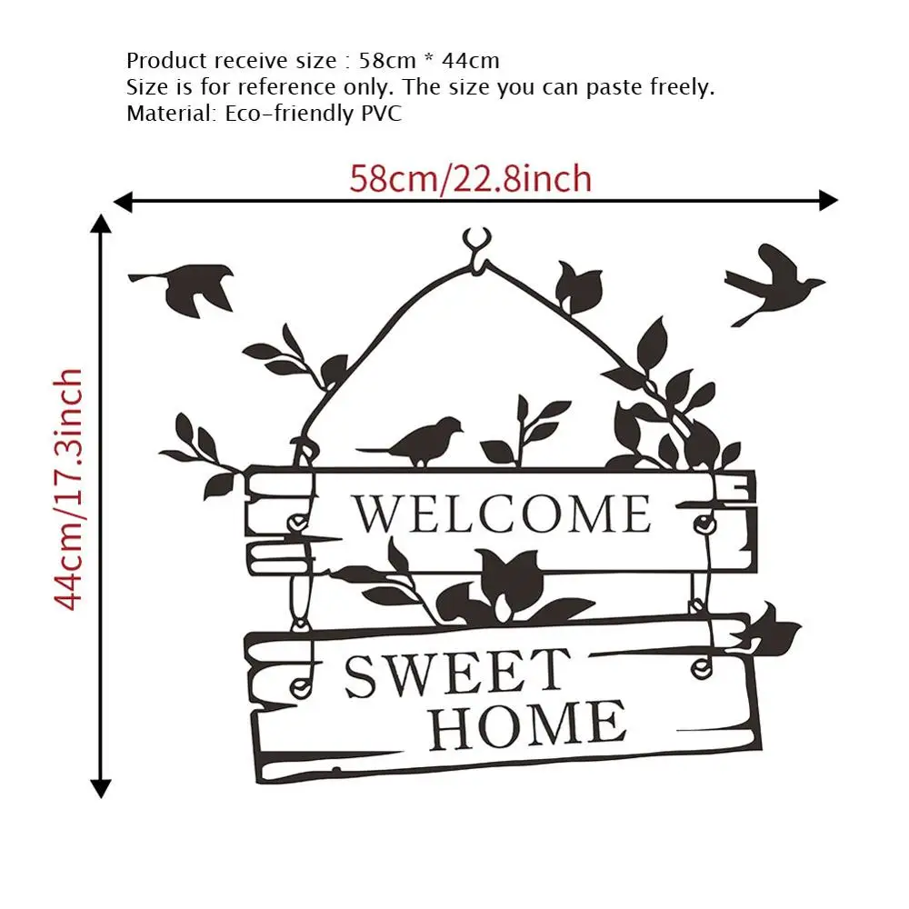 Welcome Sweet Home Wall Stickers Bird Flower Vine Living Room Entrance Decoration Wallpaper Home Door Decor Self-adhesive Decals