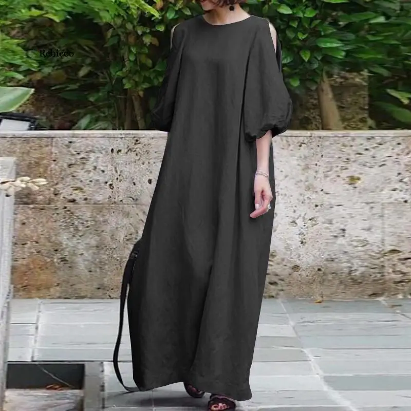 ฤดูร้อนเสื้อผ้ากุลสตรี Solid Sundress หลวม Plain ฝ้ายลินินครึ่งแขนชุดลำลอง Maxi Robe Femme Vestidos