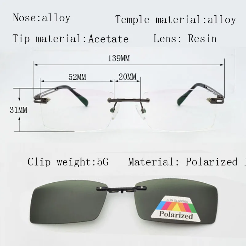 Frameless For Men With Magnet Clip Film Myopia Gold Eyeglasses Lens Rimless Glasses Frame Silver Sunglasses Yellow Night Vision