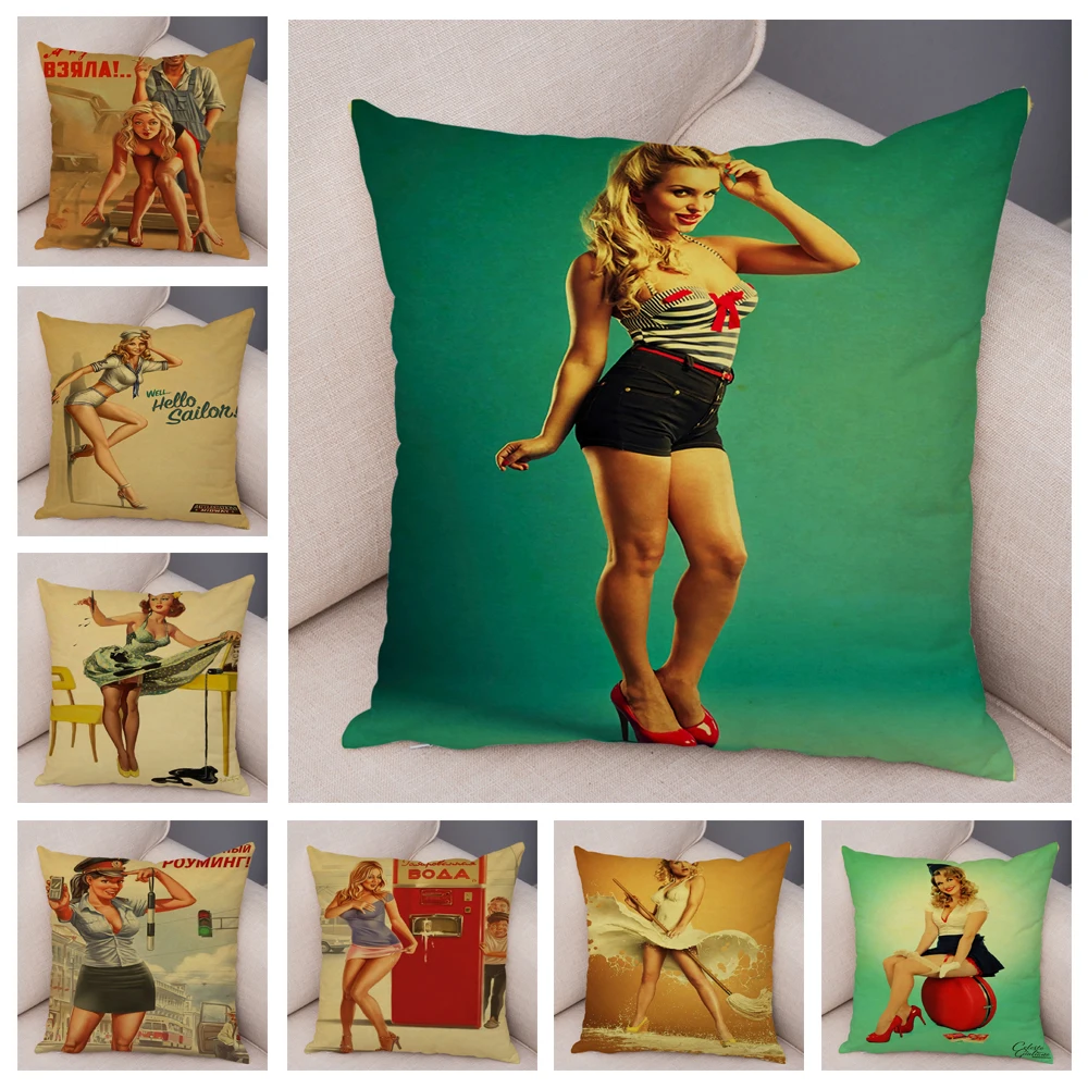 Vintage Style Sexy Lady Cushion Cover Decor Cartoon Pinup Girls Print Pillowcase Super Soft Plush Pillow Case for Sofa Home