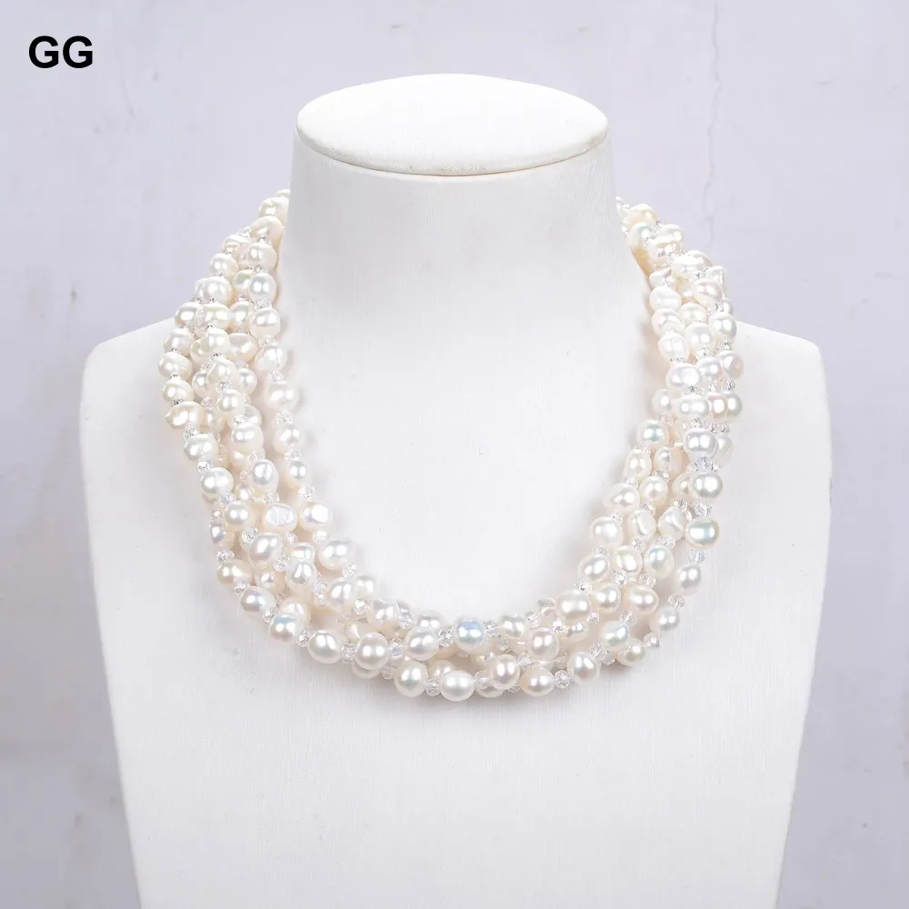 GuaiGuai Jewelry Natural White Multi Shape Pearl Clear Crystal Necklace For Women