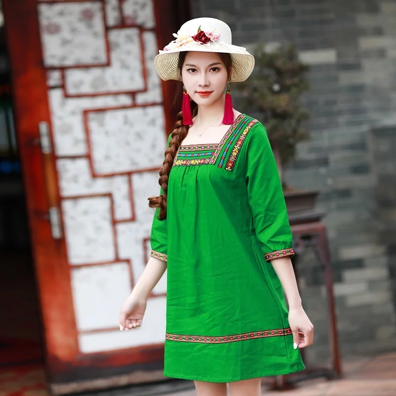 Women Summer Bohemian Dress Square Collar Vintage Embroidery Loose Fit Casual Hawaiian Dresses Female Harajuku A-Line Mini Dress