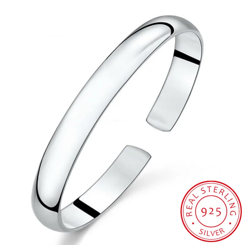 Simple Fashion 925 Sterling Silver Smooth Cuff Bracelets & Bangles For Women pulseras Valentine's Day present