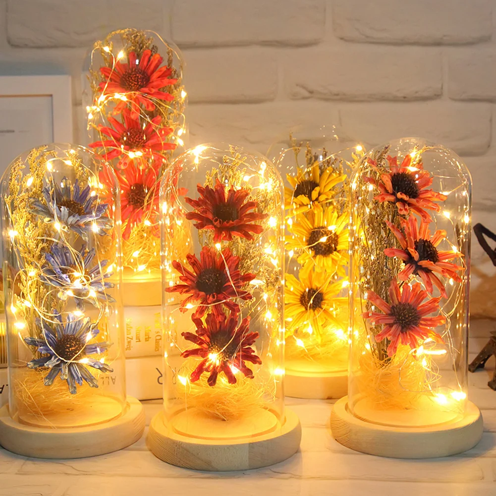 Artificial Flowers With Lights String In Glass Cover Night Light Nice Decor For Bedroom Bedside Romantic Valentine's Day Gift