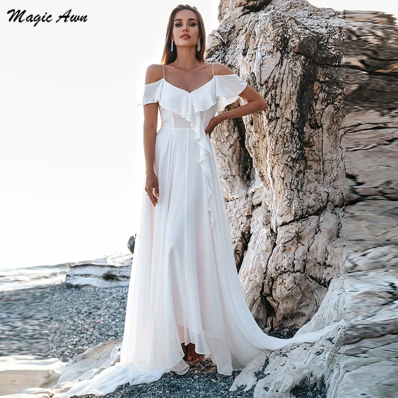 Magic Awn-vestidos de Novia bohemios de gasa para playa, con tirantes finos, volantes, sencillos, marfil, espalda abierta, 2021