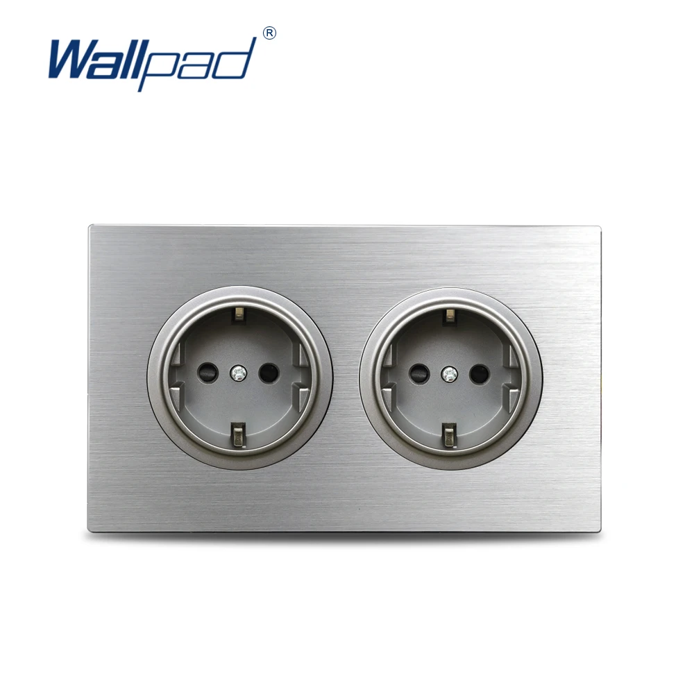 

Wallpad 146* 86mm Silver Brushed Aluminum Panel Double Frame Grey 2 Gang Double EU Plug Electric Outlet Wall Socket