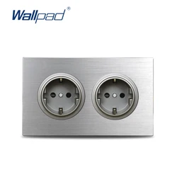 Wallpad 146* 86mm Silver Brushed Aluminum Panel Double Frame Grey 2 Gang Double EU Plug Electric Outlet Wall Socket