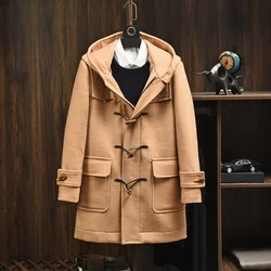 Quality High Mens Casual Loose Long Horn Button Design Hooded Fashion Wool Coat V-Neck Pockets Winter Vintage Warm Jackets