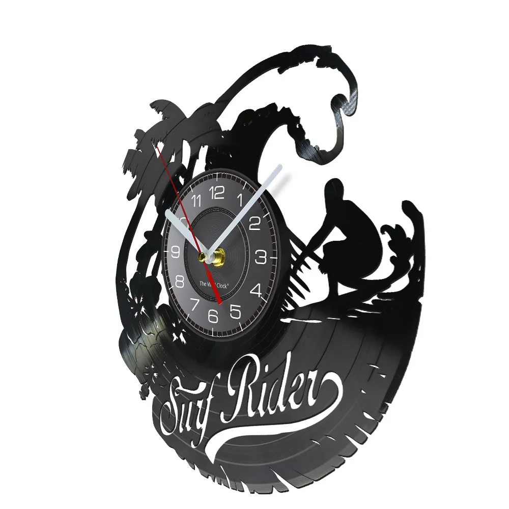 Surf Rider Vinyl LP Record Wall Clock Surfboard Summer Coastal Surf Beach Craft Disk Decor Wave Rider Mave Hanging Cool Watch