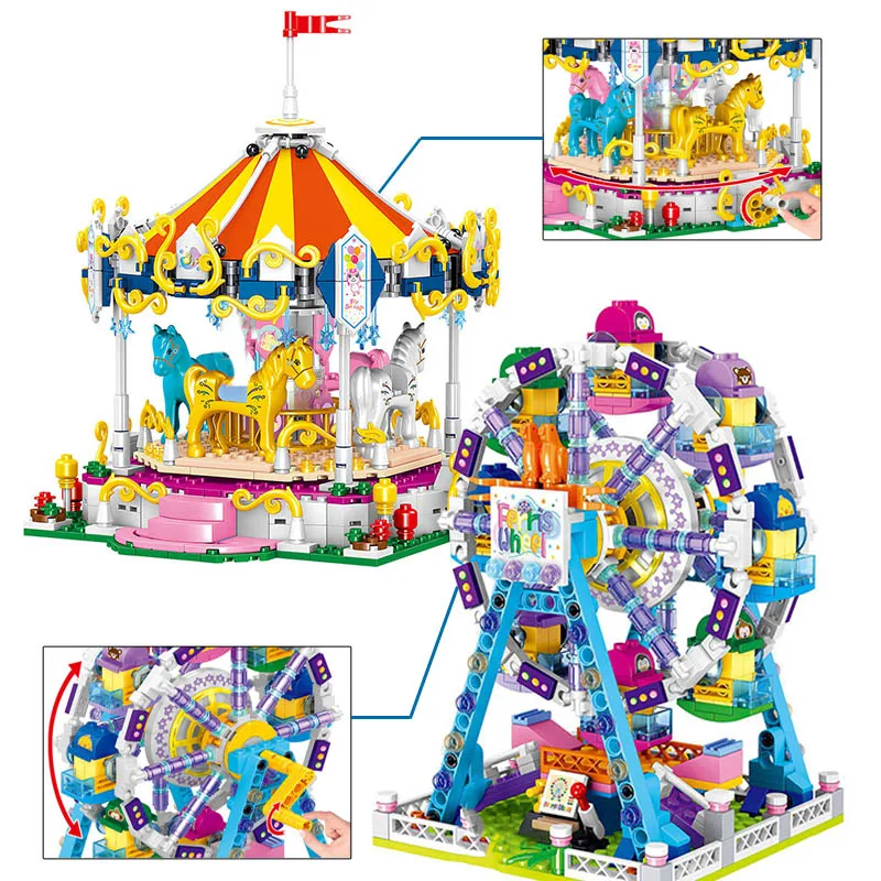 City Friends Series Amusement Park Carousel Micro Building Blocks Merry-Go-Round Roller Coaster Pirate Ship Street View Toys