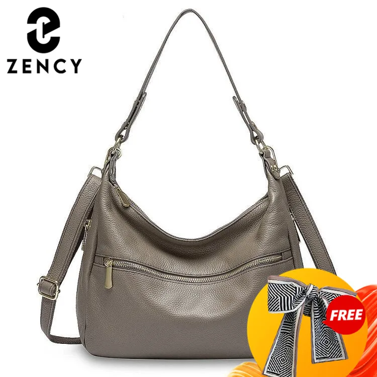 Zency Luxury Women Shoulder Bag 100% Genuine Leather Tote Handbag Large Capacity Hobos Fashion Lady Crossbody Purse Black Grey