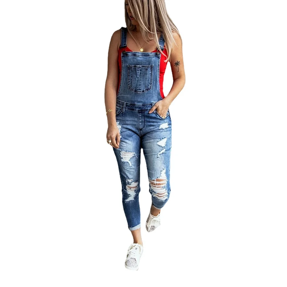 Women Retro Denim Bib Overalls Jeans Jumpsuits and Rompers Ladies Ripped Hole Casual Stretch Long Playsuit Pockets Jumpsuit