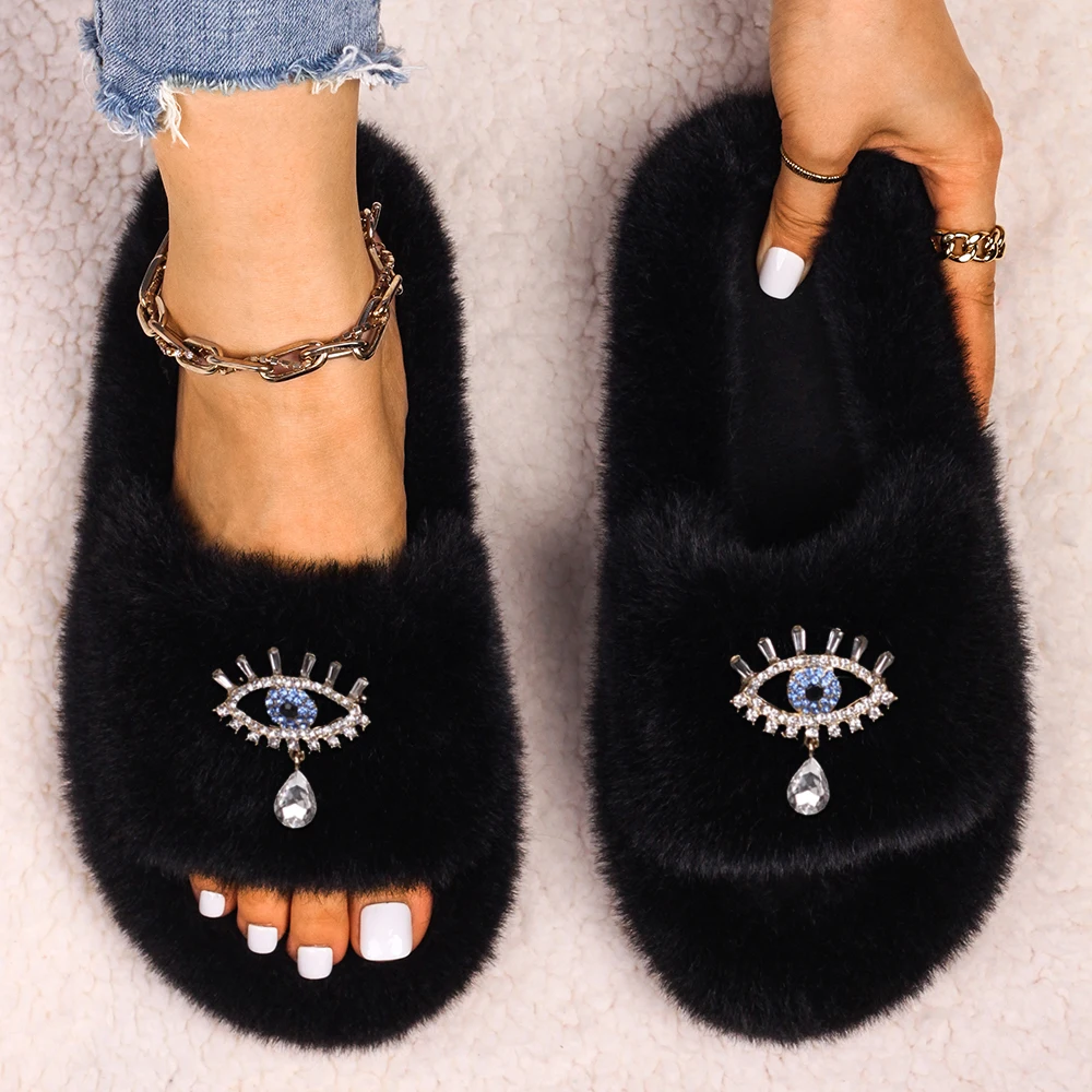 Fluffy Flip Flops Women Bling Crystal Eye Faux Fur Slides Indoor Slippers Fashion Ladies Luxury Rhinestone Sandals Furry Shoes