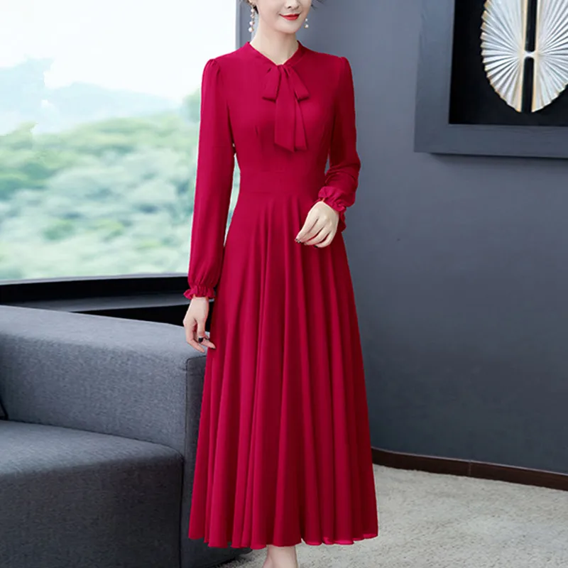 UHYTGF Fashion Chiffon Spring Dress Women Big Swing Temperament Female Long Dress Red Black Ladies Elegant Big Size Dresses 1422