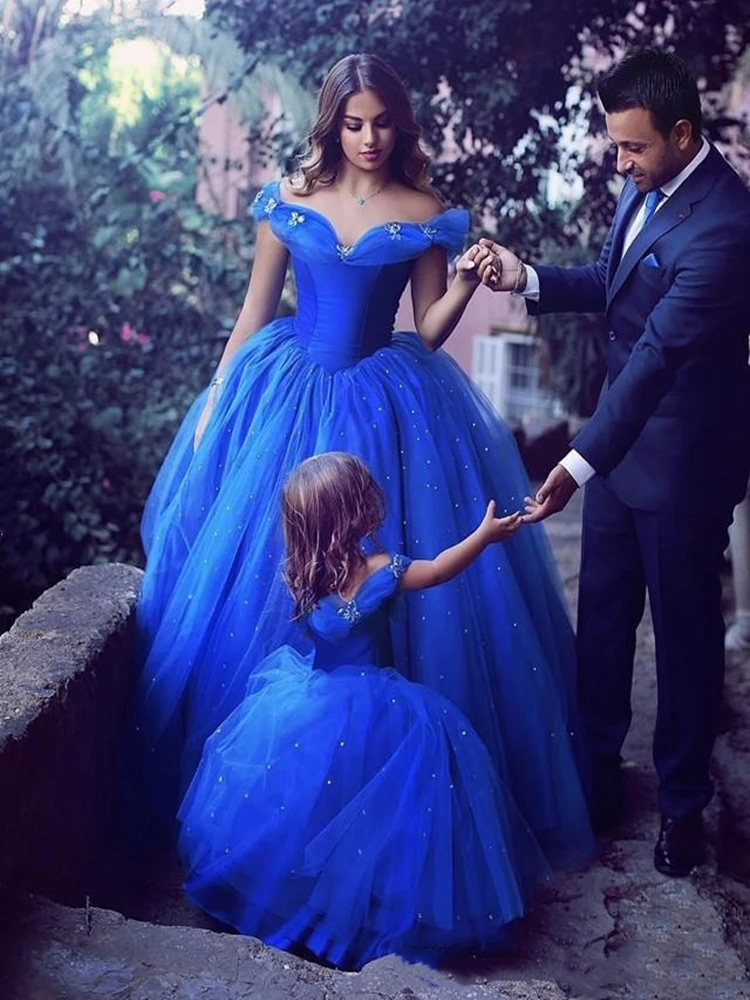 Vestidos adorables de Cenicienta para niña, ocasiones especiales para bodas, vestidos de desfile azul para niños, vestido de baile con cuentas y hombros descubiertos