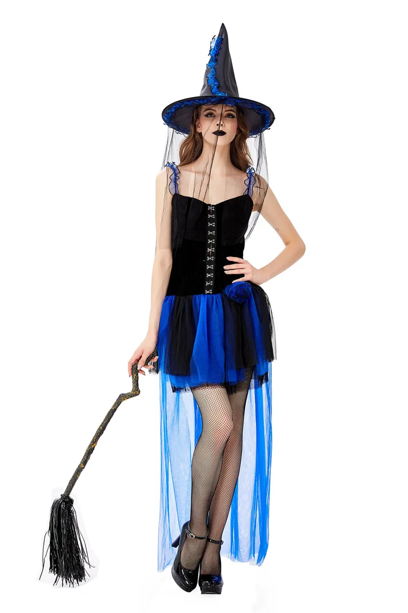 Disfraz de bruja azul/naranja para adultos, Cosplay de Halloween, juego de bruja, club nocturno, DS, disfraz de Mascarada