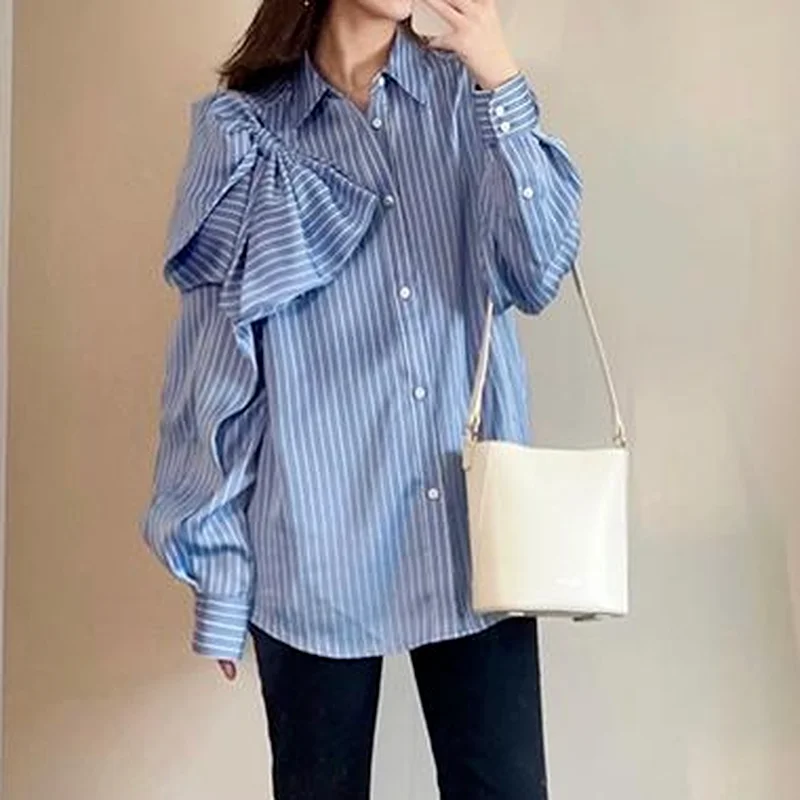 Nomikuma Elegant Bowknot Striped Women Blouses Korean Long Sleeve Turn-down Collar Top Shirt Autumn 2023 New Camisas Mujer 6X513