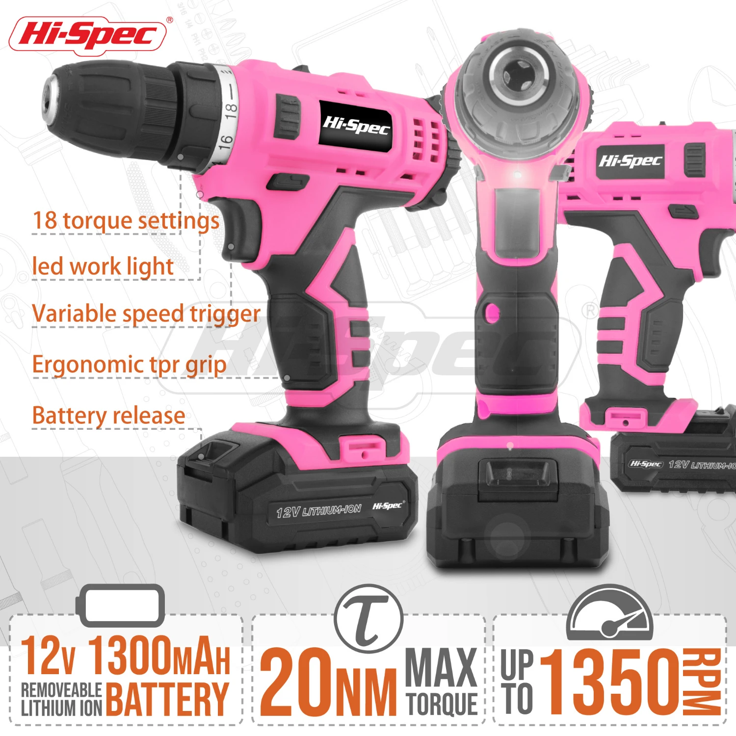 Hi-Spec 50pc 12V 1300mAh Li-ion Cordless Screwdriver Drill Driver Electric Screwdriver Pink DIY Power Tools for Gril Lady Women