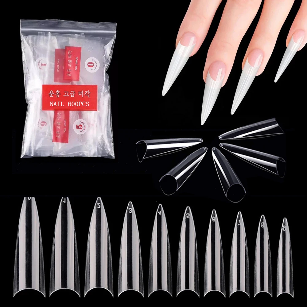 600pcs False Nail Tips Stiletto French Acrylic Clear Nail Tips Half Cover Pointed Fake Nail Long Claw False Artificial Nail