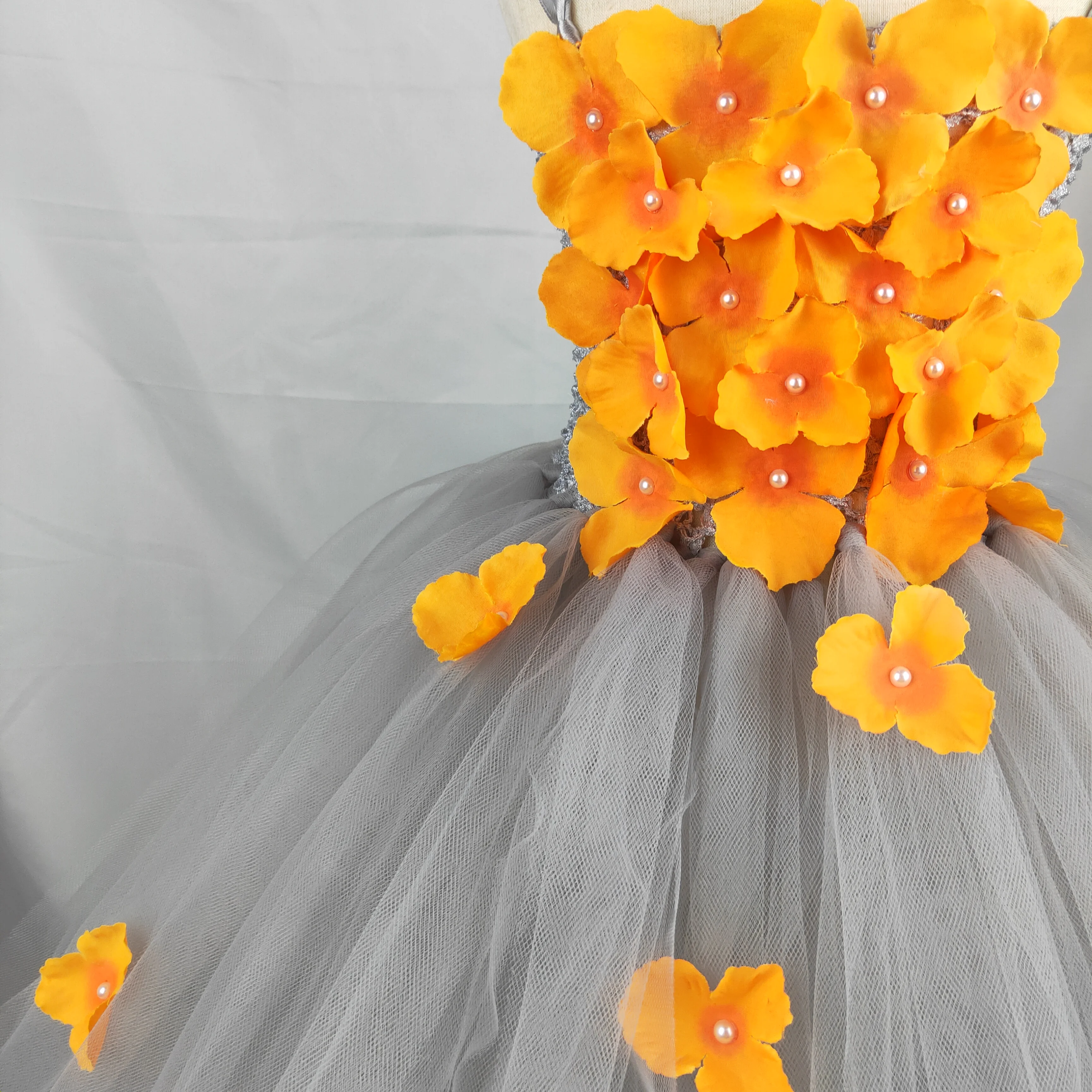 orange and Grey Flower Girl Tutu Dress Wedding Tulle Dress Girls Wedding Dresses Robe Demoiselle Rose Kids Girls Clothes Dress